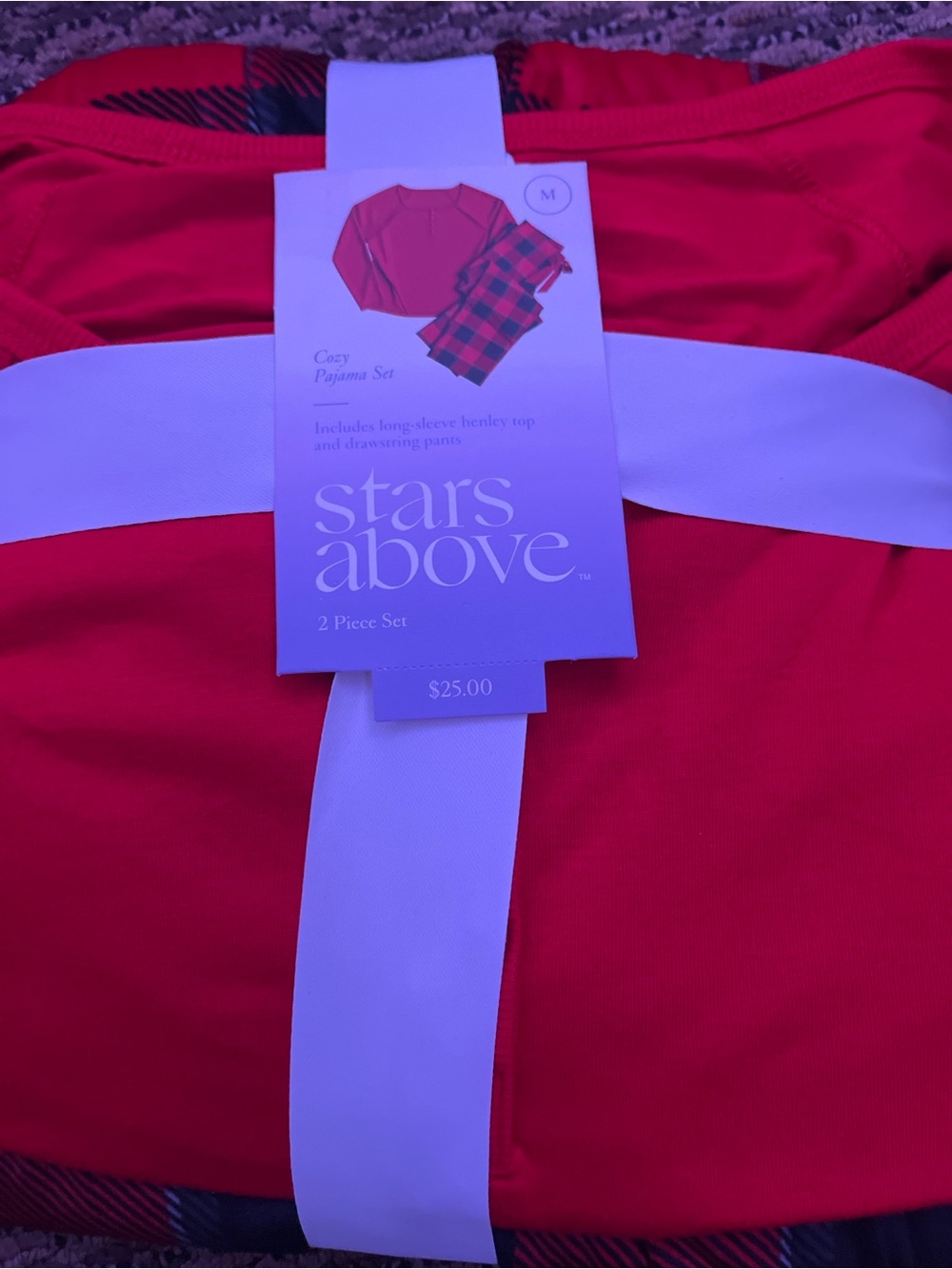 stars above Women's Red Long-Sleeve Henley Pajama Set with Plaid Pants